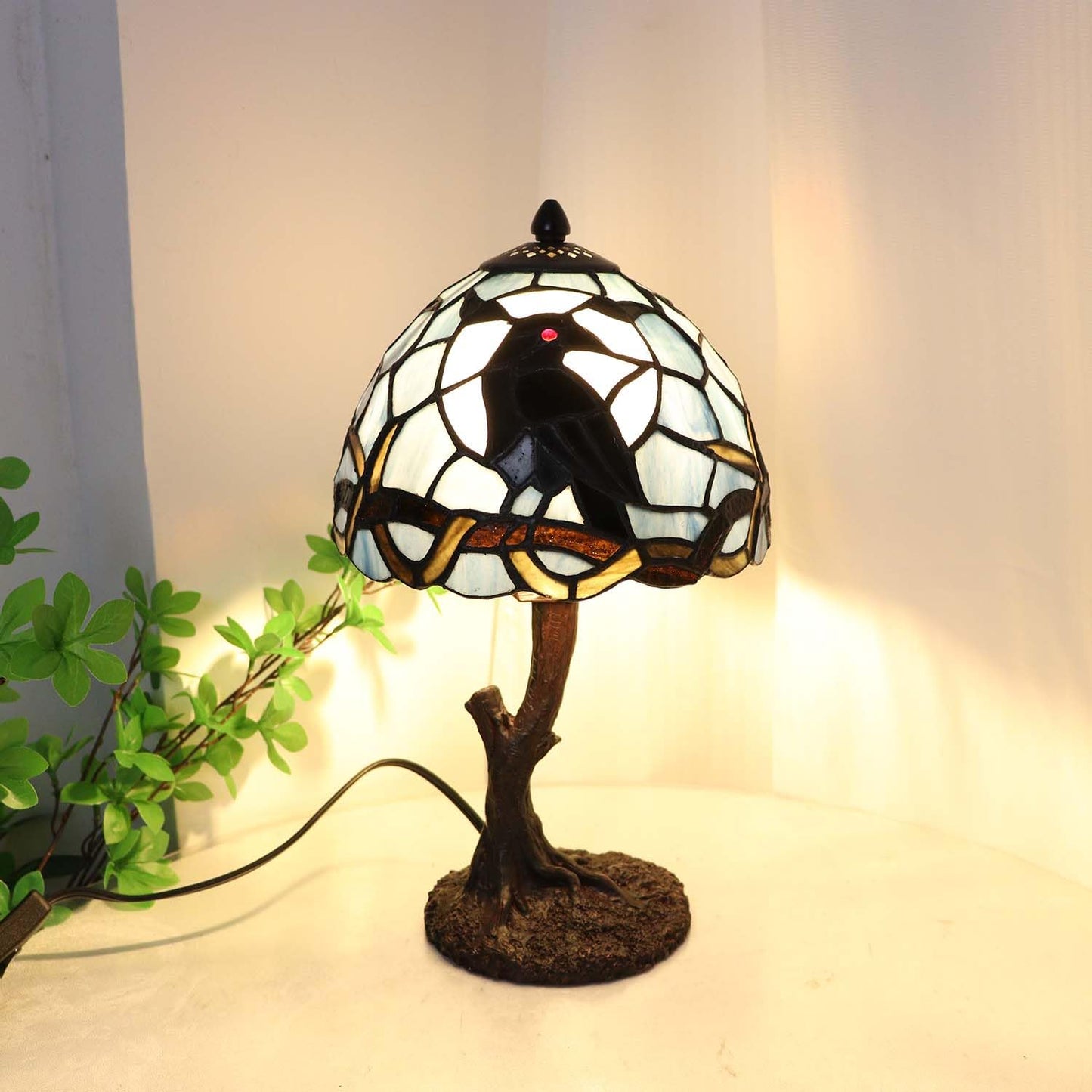 Bieye L12010 Raven Sitting on Bare Tree Branch in Full Moon Night Tiffany Style Stained Glass Table Lamp for Home Decor (Dark Blue, 8Wx14H)