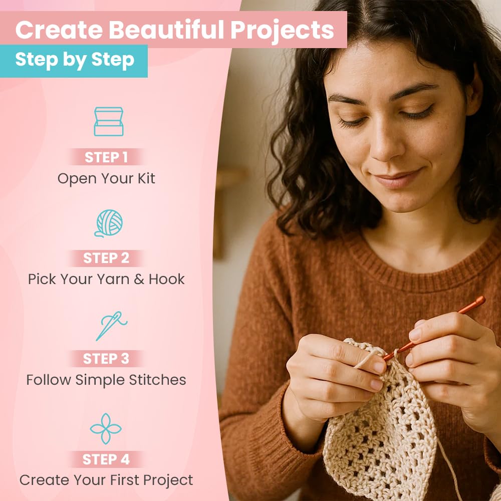 Starter Crochet Kit for Beginners Adults – 73PCS Complete Learn to Crochet Set with Yarn, Ergonomic Hooks & Accessories, Easy DIY Crochet Starter Kit, Craft Gift for Women, Teens & Adults