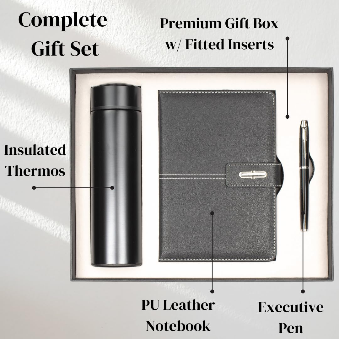 Shadow Breeze A5 Leather Notebook, Insulated Thermos and Executive Pen Gift Set in Premium Gift Box, 172 Pages 100GSM Ruled Pages, 12 oz, Great Gift for Business, School, Home (Black)