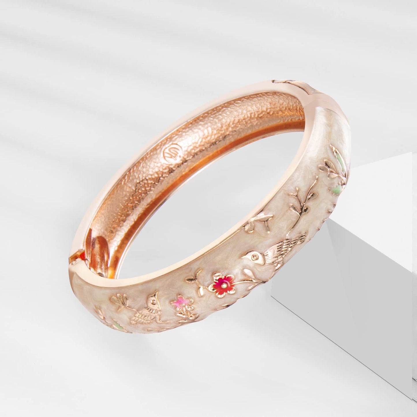 UJOY Colors Handcraft Jewelry Cloisonne Bracelet Enamel Hollowed Flower Bird Spring Hinged Womens Bangles Gifts Box 88A11-55C49 Cream Pink