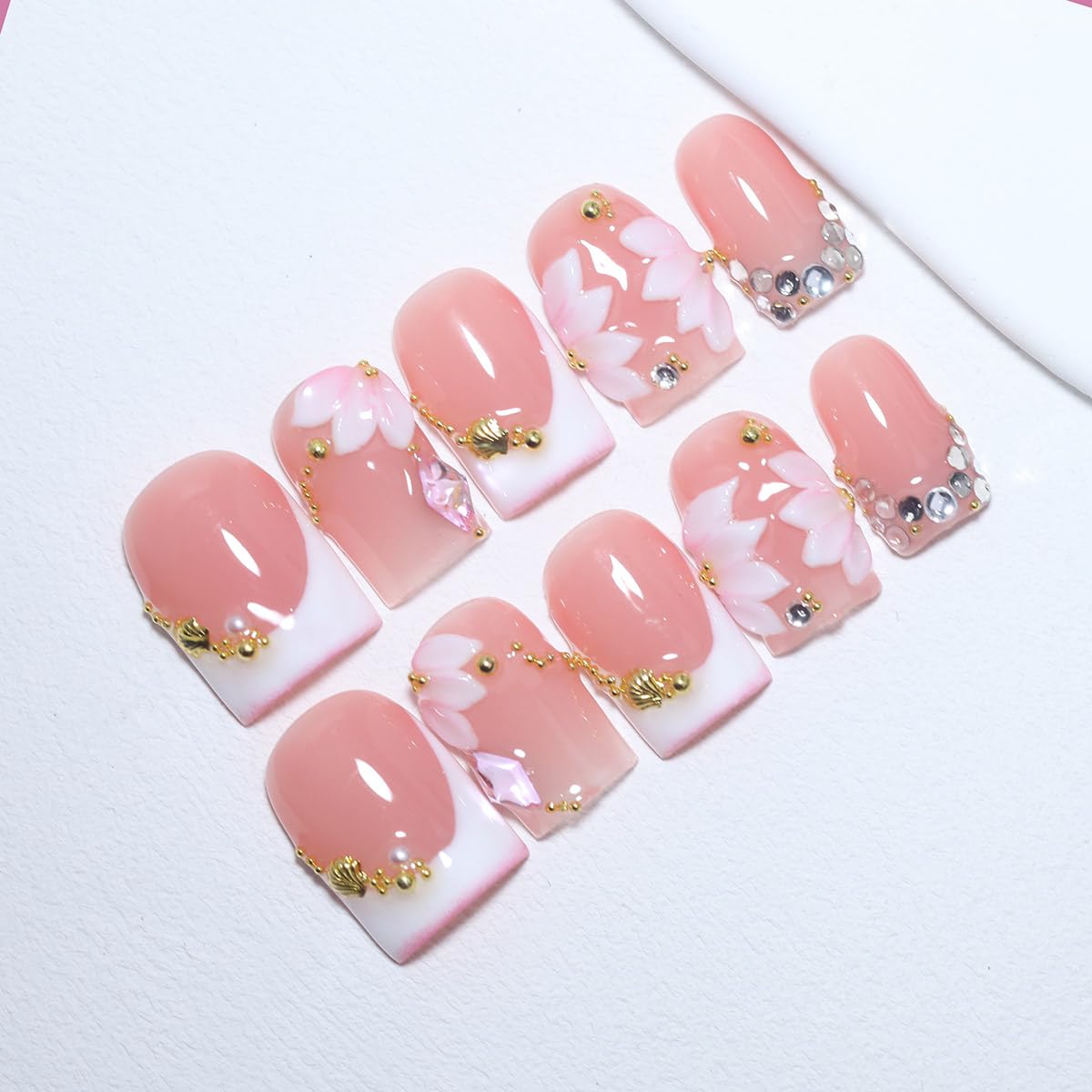 10Pcs Short Square Handmade Press On Nails | Easy Apply & Remove, Reusable Salon Quality Nails | Elegant Blush Pink Fake Nails with 3D Sakura Flower, Gold Seashell & Rhinestone Accents (O912, S)