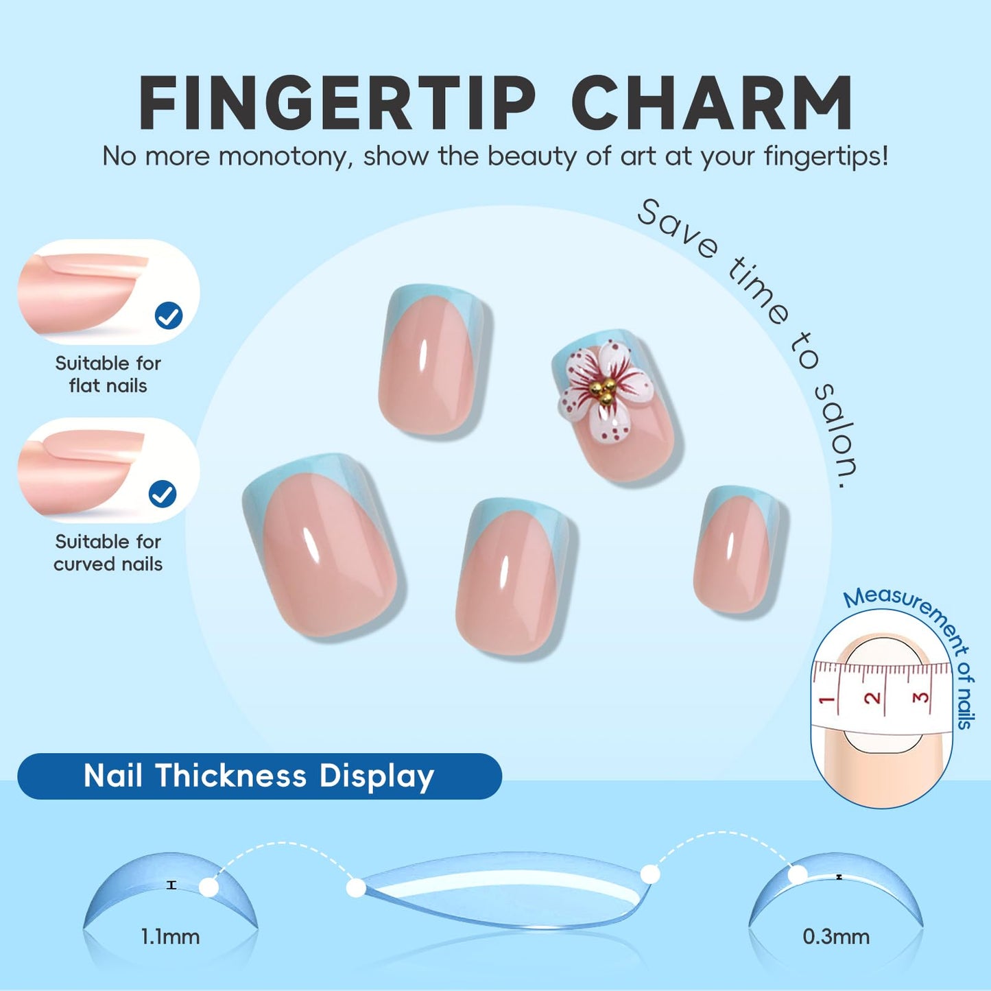 HOSAILY 3D Flower Press ons Nails Extra Short Square, Blue French Floral Spring Summer Daily Semi-Handmade Full Cover Stick on Nails for Women, 24Pcs Glossy Reusable Fake False Nails with Glue