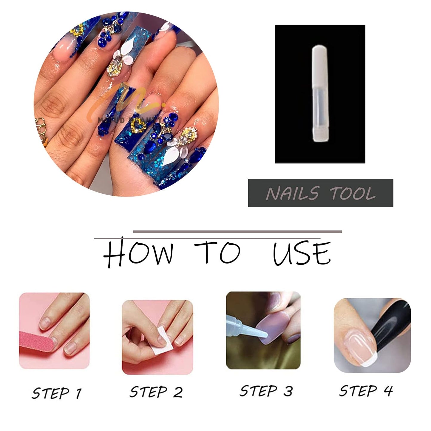 MISUD Press on Nails - Long Square Fake Nails with Royal Blue, Acrylic Bling Glitter Rhinestone Design 24 pcs