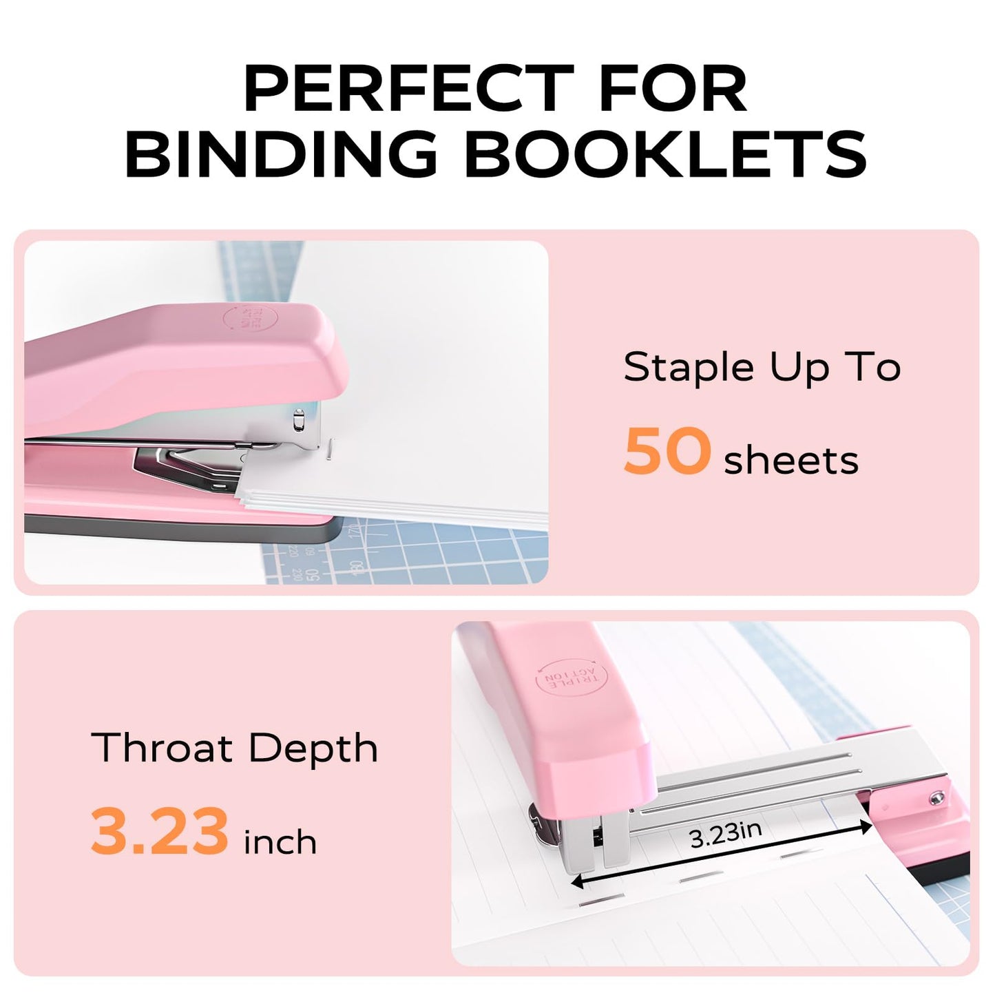 Marsrock Desktop Stapler, Swing-Arm Swivel Stapler, 50 Sheet Capacity, 2000 Staples and Staple Remover, Rotatable Heavy Duty Staplers for Office, Home, Classroom, Booklet, Book Binding,Pink