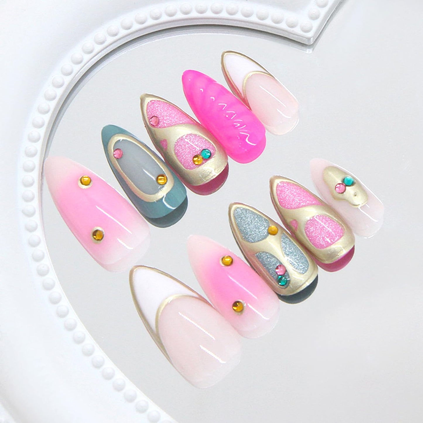 24Pcs White French Tip Press on Nails Medium Almond Fake Nails with 3D Sparkly Rhinestone Designs Chrome Gold False Nails Pink Smudge Full Cover Gilded Lines Glossy Artificial Stick on Nails for Women