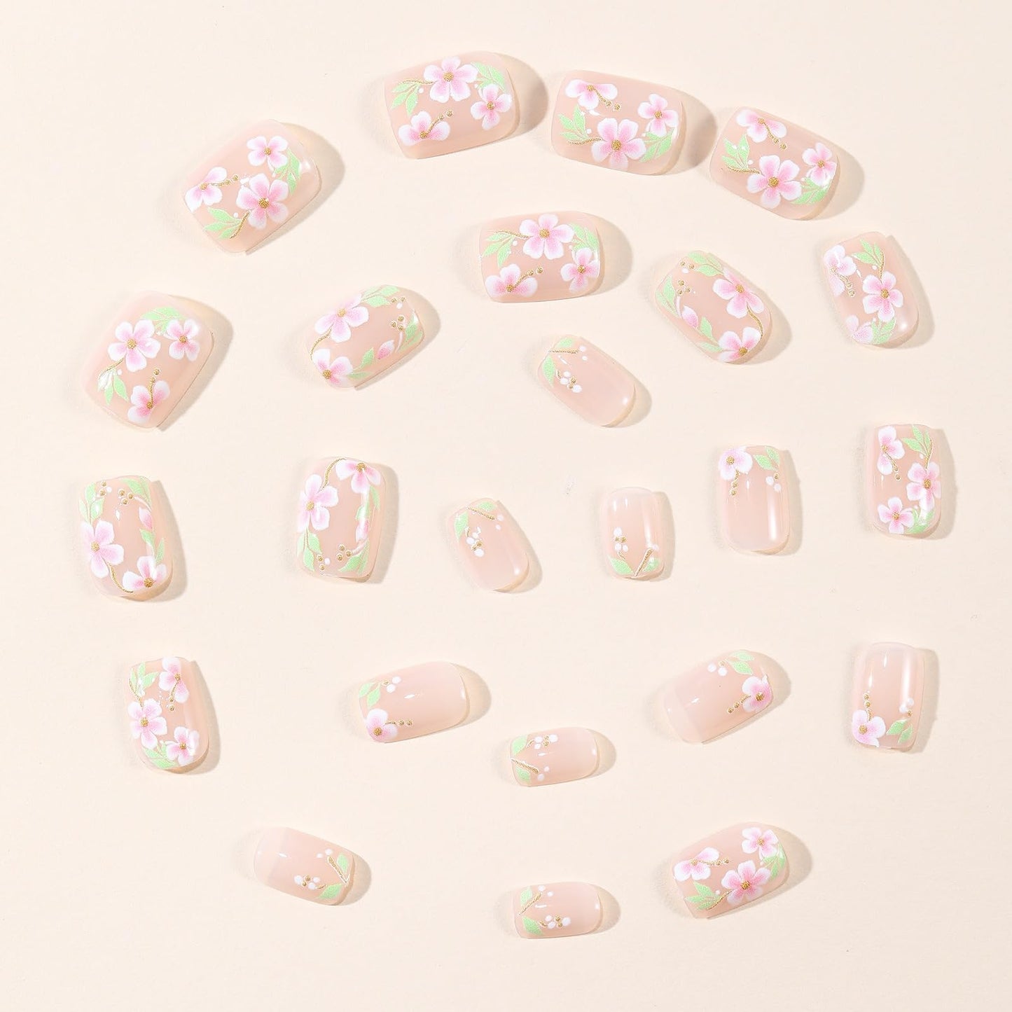 CTTHNBD Square Press on Nails Short - Flower Fake Nails with Gold Line Design - Spring, Glossy Full Cover Stick on False Nails for Women 24 Pcs