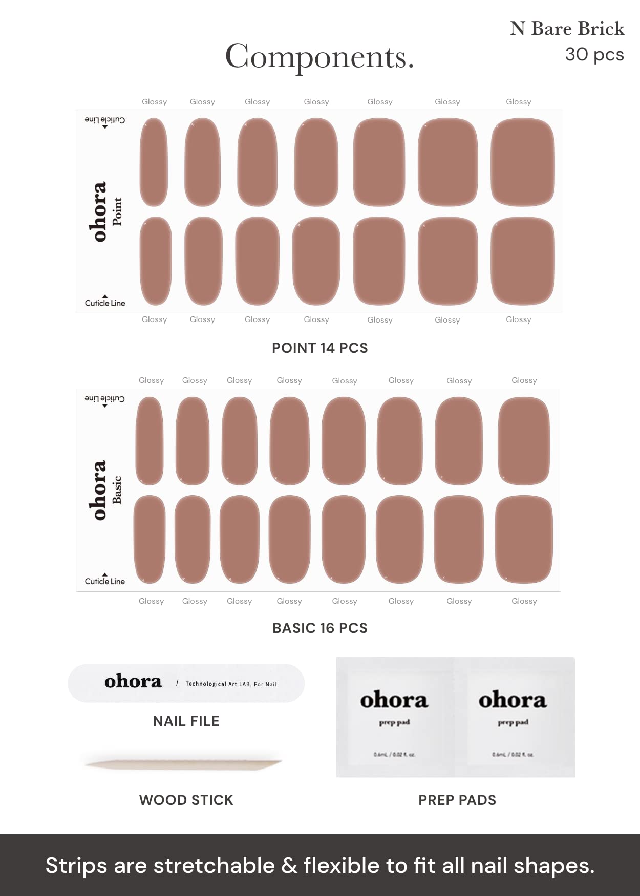 ohora Semi Cured Gel Nail Strips (N Bare Brick) - Works with Any Lamps, Salon-Quality, Long Lasting, Easy to Apply & Remove - Includes 2 Prep Pads, Nail File & Wooden Stick