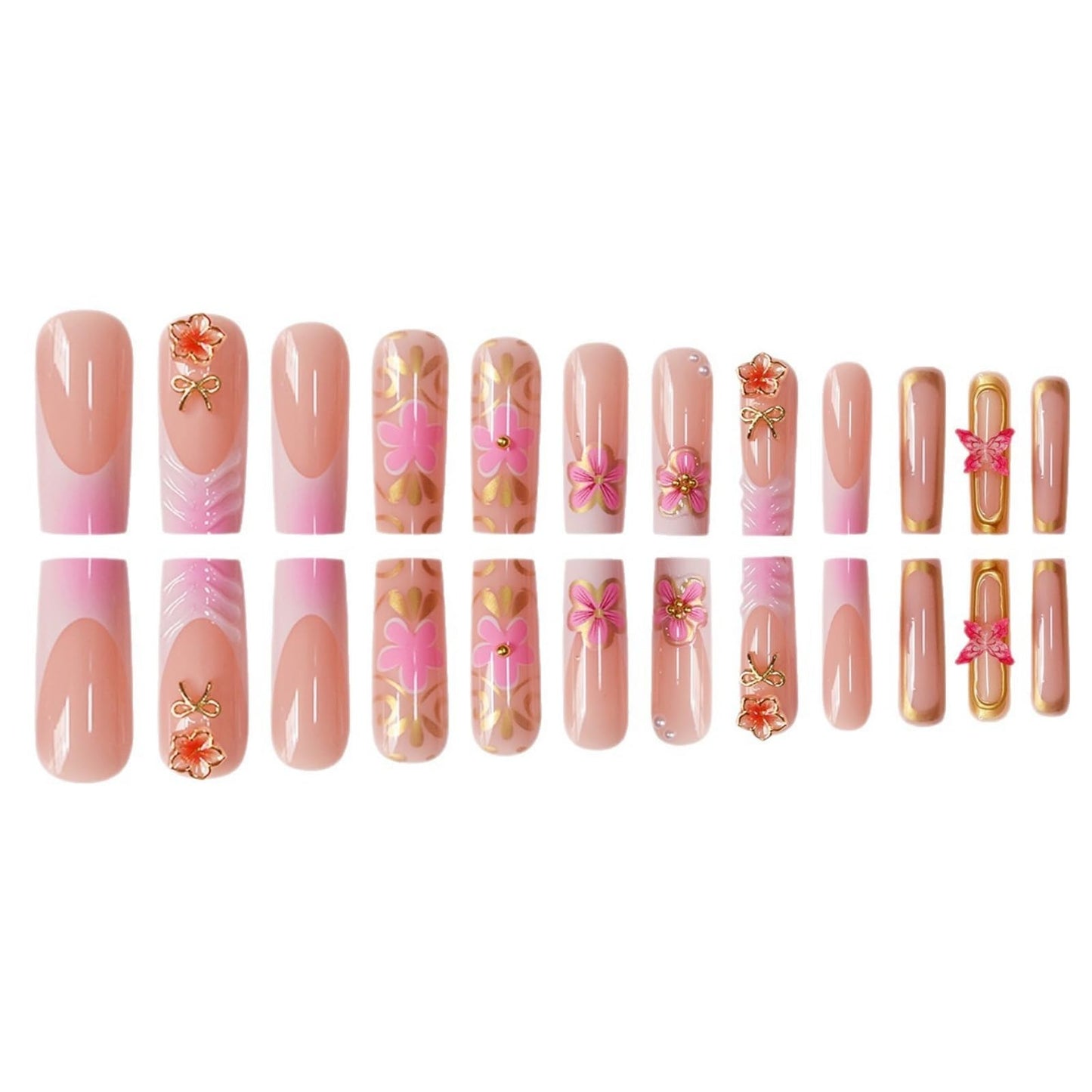 Square Press on Nails Long Fake Nails French Tip False Nails Pink Artificial Nails with Floral and Gold Charm Designs Cute Summer Nails Stick on Nails for Women 24pcs