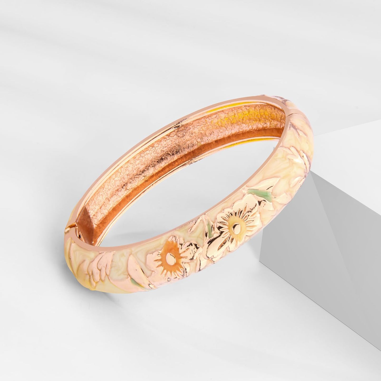 UJOY Vintage Bracelet Plated Enameled Jewelry Spring Hinge Metal Cuff Cloisonne Bangles Set Gift Box Packed 55A18-55A103 White Yellow