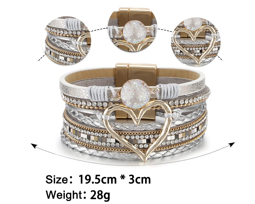 Leopard Bracelet for Women, Boho Leather Wrap Multi-Layer Pearl Crystal Bracelet Bangle Jewelry (Heart Leather2)