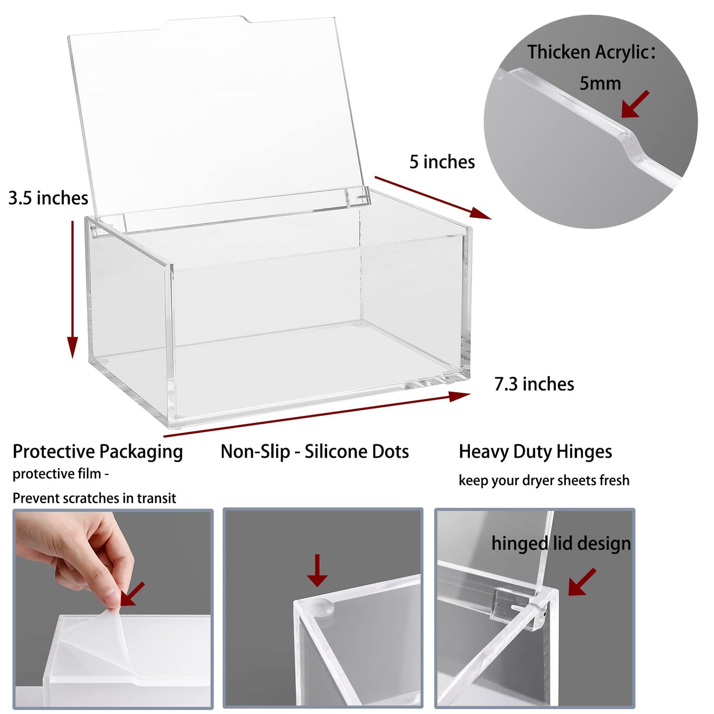 rejomiik Acrylic Dryer Sheet Holder Clear Dryer Sheet Dispenser Container Box with Lid and Anti Scratch Film for Laundry Room Fabric Softener Sheets Storage Organization, Transparent