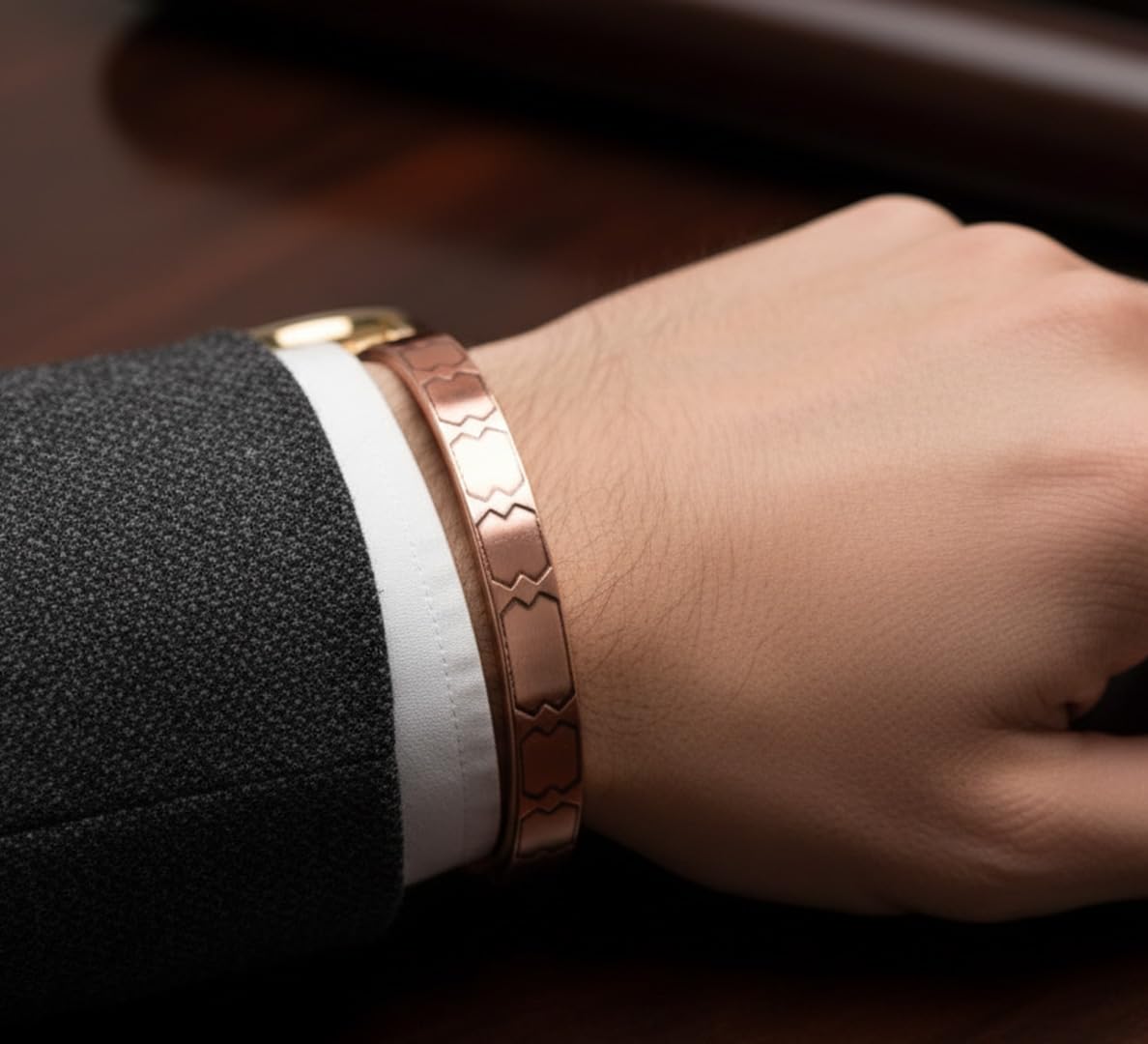 Touchstone Handcrafted My Skilled Artisans Geometric Hand Forged With Solid High Gauge Pure Copper Magnetic Bracelet In Natural Tone For Women And Men.