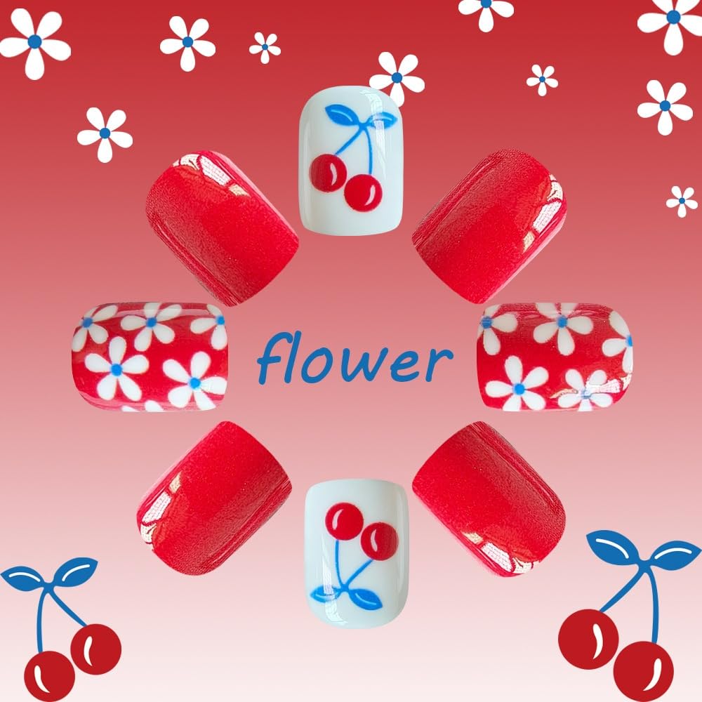 Flower Press on Nails Short Square Fake Nails with Flower Cherry Design Glossy Red Glue on Nails Floral Nails Press ons Reusable Full Cover Spring Summer Acrylic Nails for Women Manicure 24Pcs