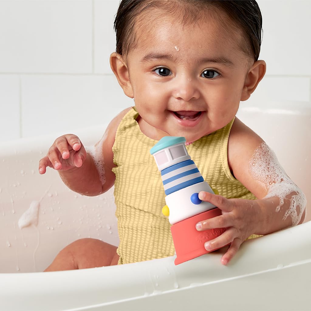 Itzy Ritzy Bathtime Gift Set – 12-Piece Baby Bath Toys for Infants & Toddlers – Stacking Lighthouse, Ring Toss, Scoop, Squirters & Sailboat – Develops Motor Skills & Teaches Cause & Effect (Nautical)
