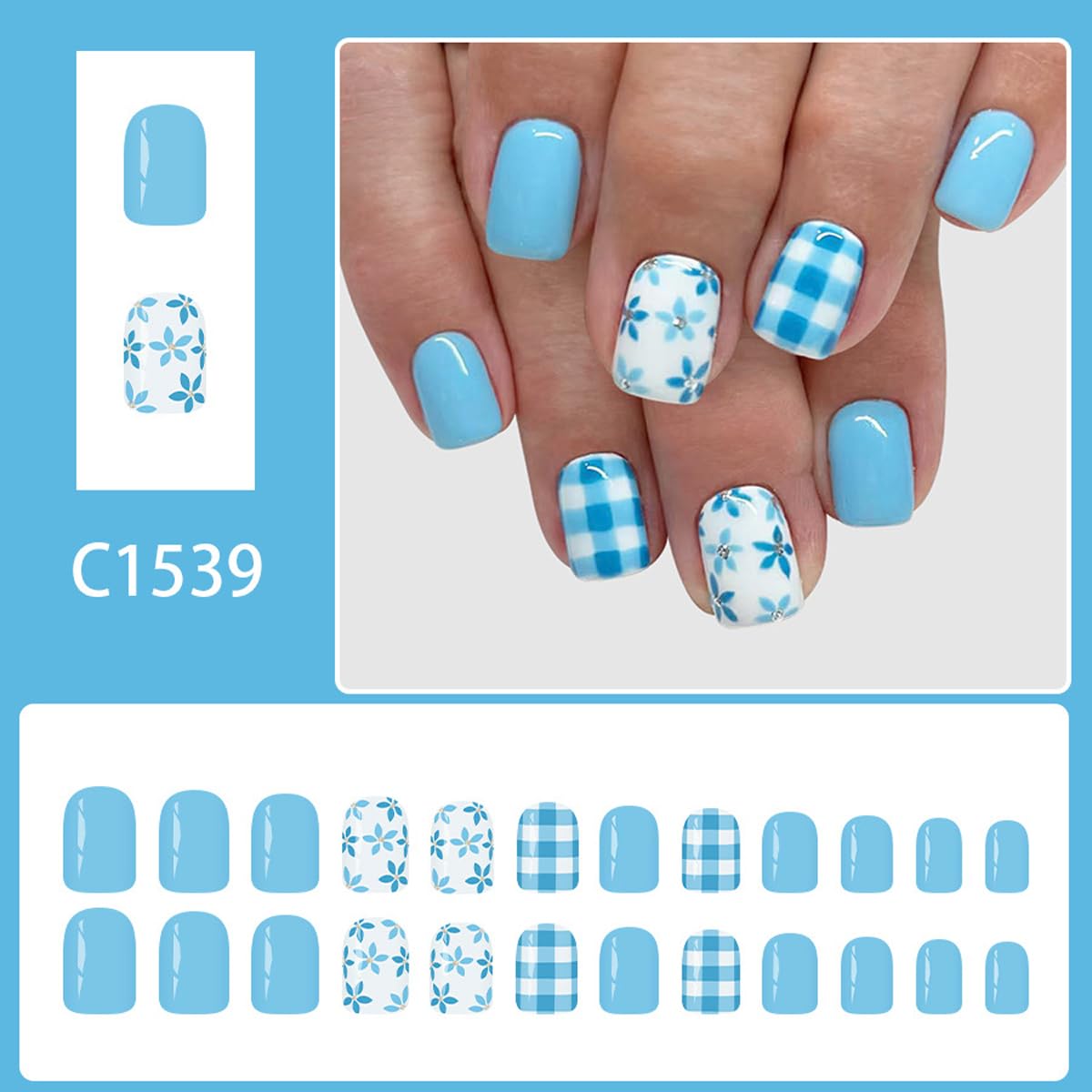 Blue Press on Nails Short Square Fake Nails Spring Summer Nails Press ons with Blue Flower & Plaid Design Full Cover Stick on Nails for Women Manicure,Artificial | Reusable | Easy Apply | 24Pcs