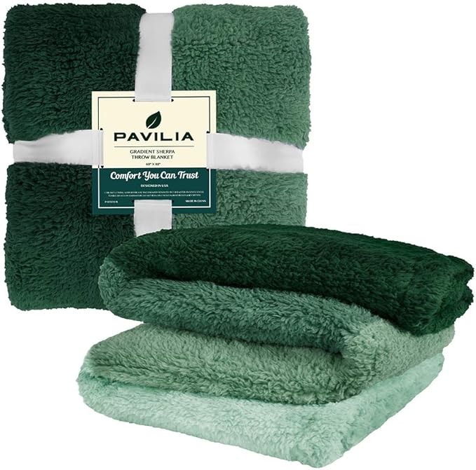 PAVILIA Fluffy Sherpa Throw Blanket Ombre | Gradient Plush, Soft, Fuzzy, Decorative Accent Throw Blanket for Couch Sofa Twin Bed | Cozy Warm Decorative Furry Faux Fur Blanket, 60x80 Inches Green