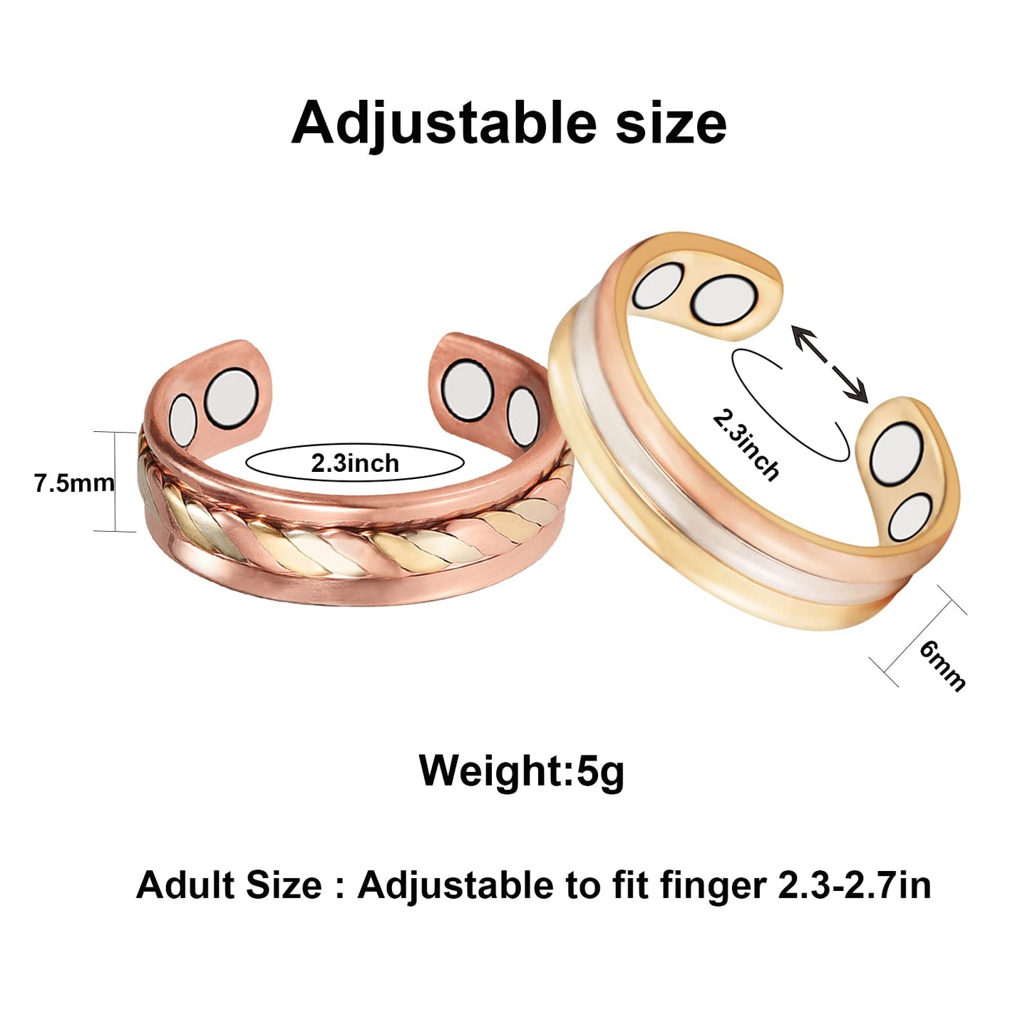 EnerMagiX Copper Rings for Women, 2PCS Adjustable Tricolor Gold Braid Magnetic Set Ring, 99.9% Solid Copper Jewelry（2PCS）