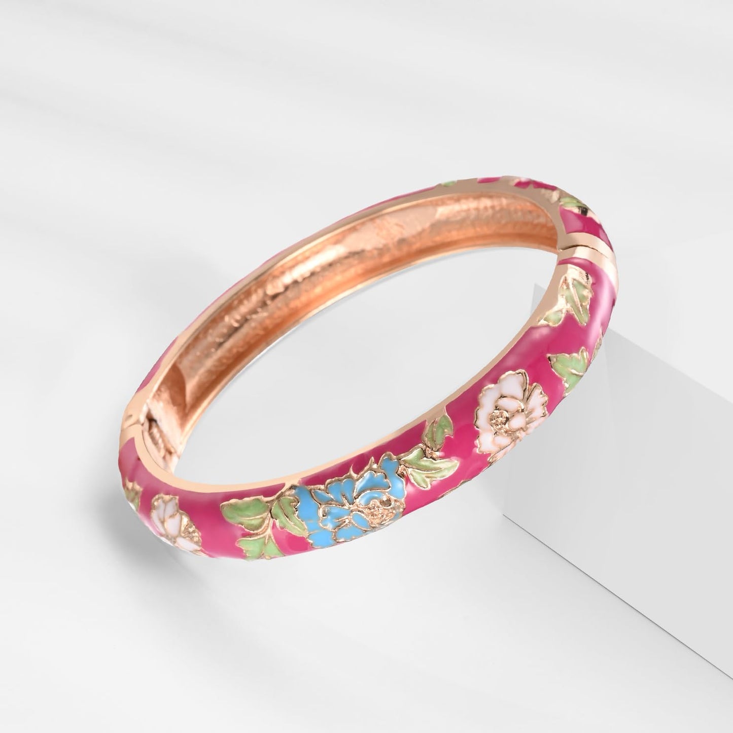 UJOY Fashion Cloisonne Bracelets Set Plated Enameled Jewelry Spring Hinged Metal Cuff Bangles Gift Box Packed 55A106-55A113 White Rose