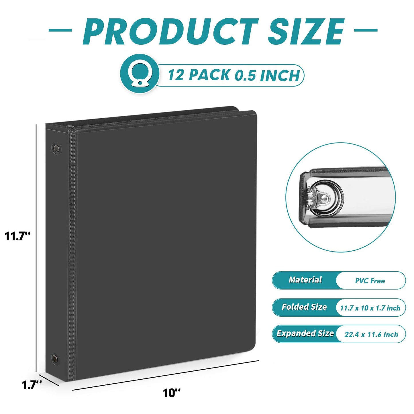 3 Ring Binder 0.5 Inch, PANDRI 12 Pack 0.5-Inch Binder Fits Letter Size 8.5'' x 11'' Paper, Versatile Binders for Office Home School, 2 Pockets, Black