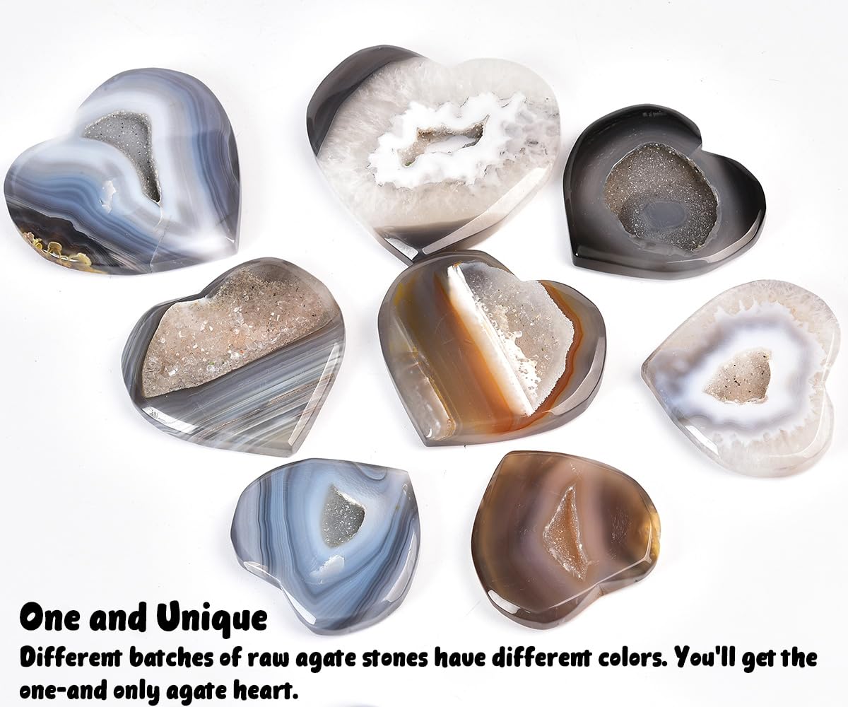 JIC Gem Large Agate Heart Crystal Geode Druzy Palm Worry Stone Reiki Crystals and Healing Stones 3.5-3.9"(90-100mm)