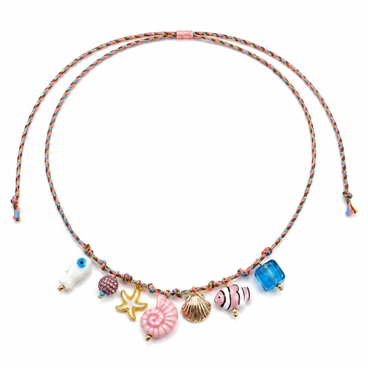 Tyebiva Cute Ocean Pendants Braided Colorful Rope Necklace for Women, Summer Beach Boho Adjustable String Choker with Starfish Fish Shell Conch Charm Holiday Vacation Jewelry Gift