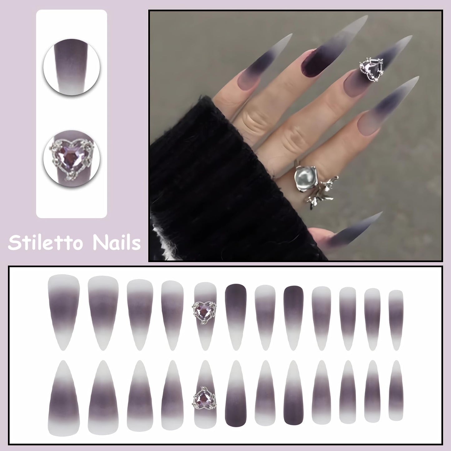 MISUD Press on Nails - Long Stiletto Glue on Nails with Goth Purple Black, Acrylic Rhinestone Design 24 pcs