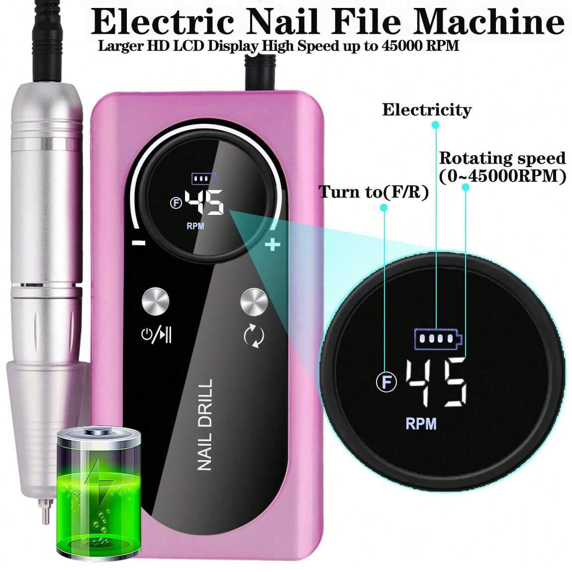 Professional 45000RPM Electric Portable Nail Drill Machine Rechargeable Low Noise Nail Sander File for Manicure Salon Tool (Pink)
