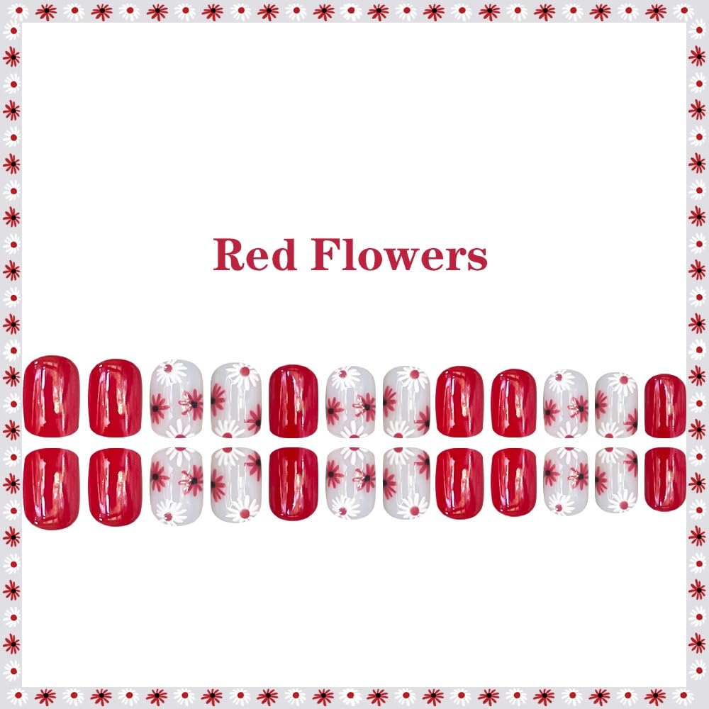 Flower Press on Nails Short Square Fake Nails with Red Floral Design Glossy Red Glue on Nails White Daisy Nails Press ons Reusable Full Cover Spring Summer Acrylic Nails for Women Manicure 24Pcs