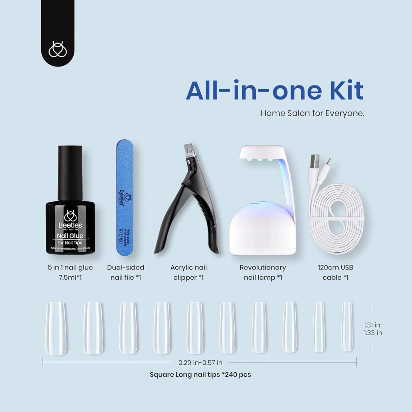 Beetles Gel Nail Kit Easy Extension Set, 240 PCS Long Square Gel Nail Tips Full Cover With 5 In 1 Nail Glue Base Gel and Innovative Uv Led Lamp Easy DIY Gift for Women