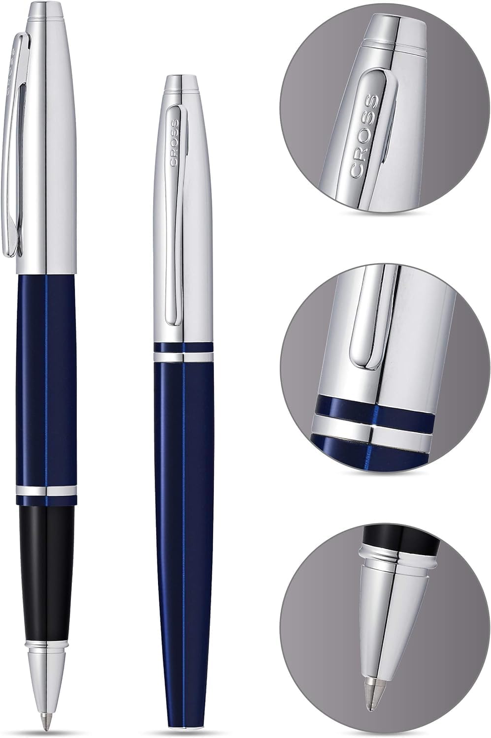 Cross Calais Refillable Rollerball Pen Presented in a Luxury Gift Box - Medium Point, Black Ink, Chrome & Blue