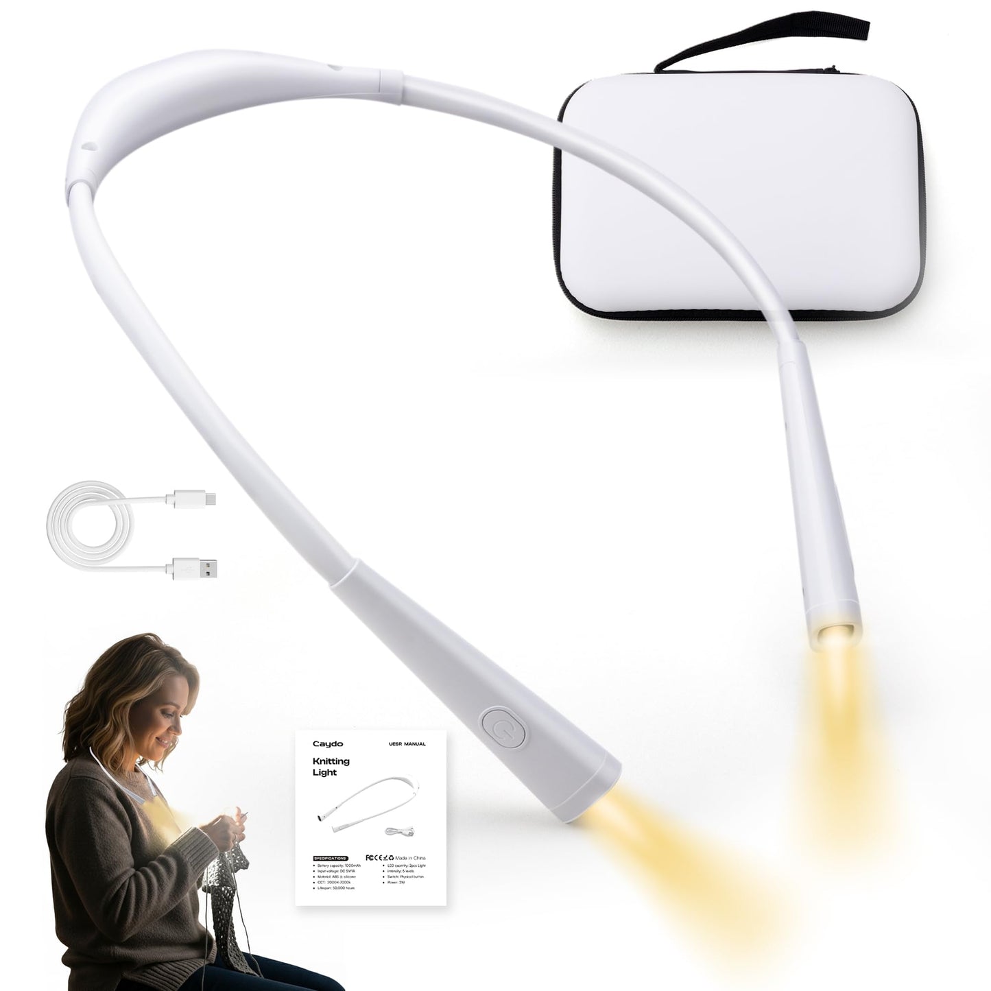Caydo Knitting Light with Storage Bag, 4 Colors & 5-Step Brightness Neck Light, Book Light for Reading and Crocheting, Around The Neck Lights for Crafts, Rechargeable Knitting Crochet Light(White）