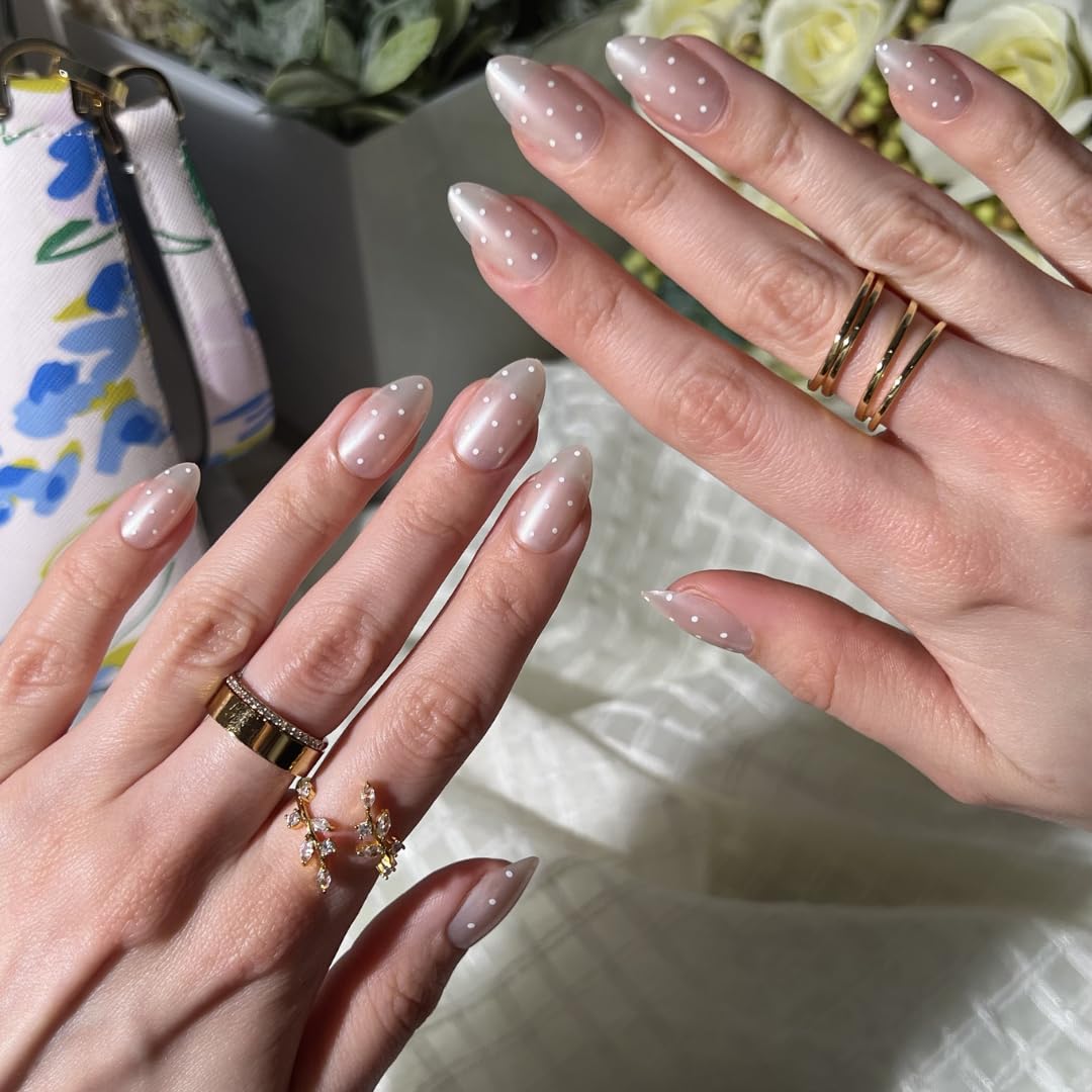 PaintLab Press On Nails - Sugar Dot Glaze Nude Short Almond Fake Nails, 30 Nails in 15 Sizes with Glue, Reusable Salon Quality Press On Nails