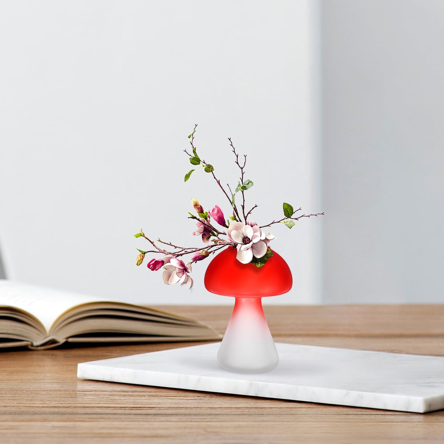 Yardenfun Mushroom Shaped Glass Vase Planter Crimson Desktop Flowerpot Hydroponic Plant Container Decorative Home Garden Terrarium