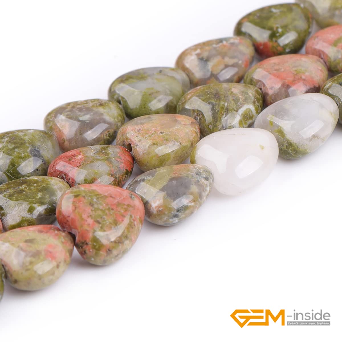 GEM-Inside 10mm Heart Charms Natural Green Unakite Jasper Gemstone Stone Beads for Jewelry Making Full 15" Strand Power Energy Healing Chakra Stone Beads