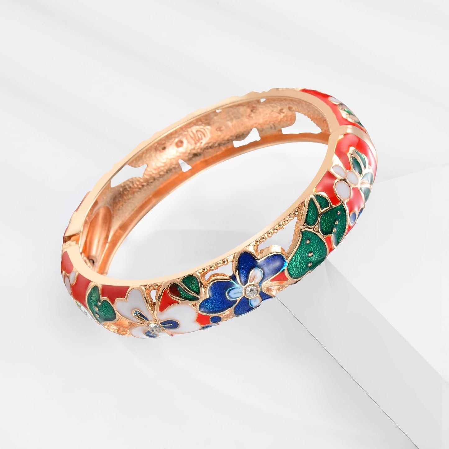 UJOY Fashion Cloisonne Bracelets Colorful Enameled Leaf Spring Hinged Plated Bangles Womens Jewelry Gifts 88A22-55A100 red
