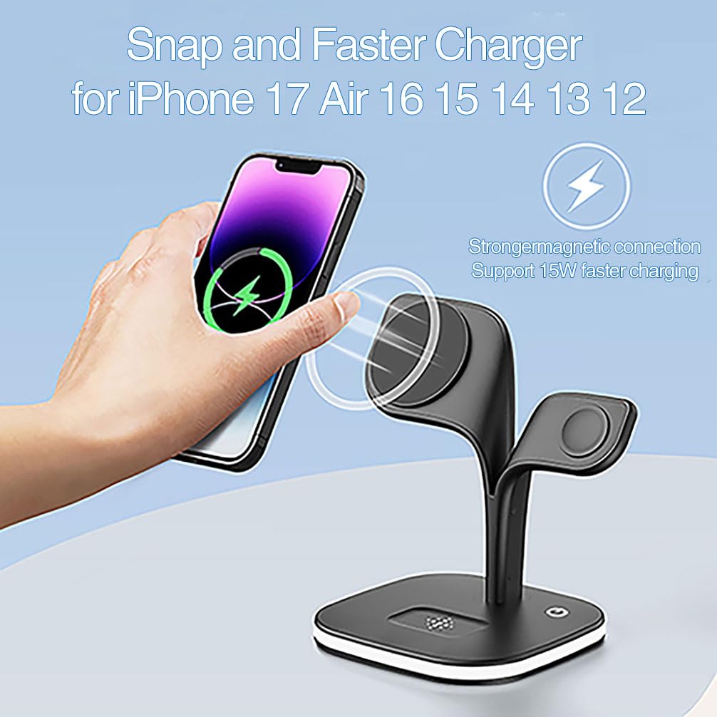 EXW Wireless Charging Station for Magsafe Charger,Charging Station for Multiple Devices,Wireless Charger for iPhone 17 Air 16 15 14 13 12,Apple Watch,AirPods with LED(Black)