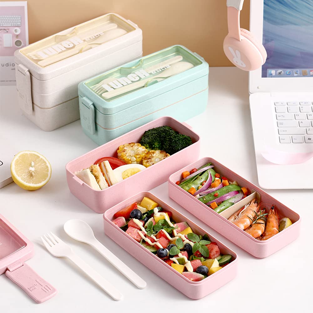 Iteryn Stackable Bento Box Kit, 3-Compartment Japanese Lunch Containers, Wheat Straw, All-in-1 Bento Lunch Box for Adult Meal Prep Snack