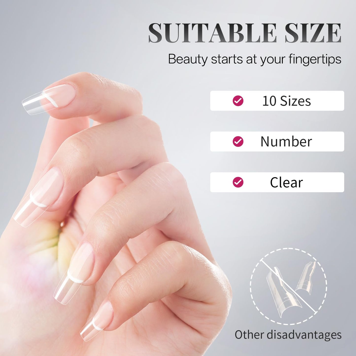 krofaue Nail Tips Lady French Style Acrylic Artificial Half Cover False Nail Tips with Box Ideal for Salons and Home DIY Manicure,10 Sizes,1000PCS (Natural and Clear)
