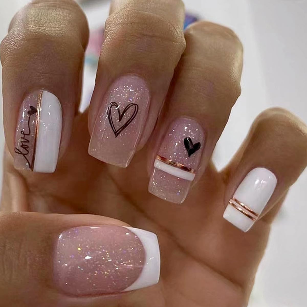 Square Press on Nails Medium French Tips Fake Nails with Glitter Powder Designs Glossy Full Cover Silvery Acrylic False Nails with Black Heart Designs Reusable Glue on Nails for Women 24PCS