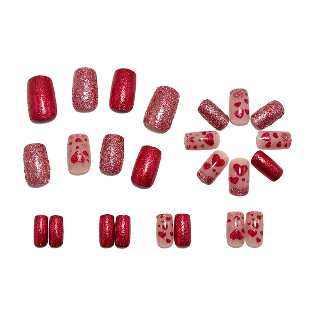 24Pcs Valentines Press on Nails Medium Square Red Heart Fake Nails Glitter Love Heart Design Glue on Nails Pink Red Glitter False Nails for Women Valentine Nail Decoration for Women Gift