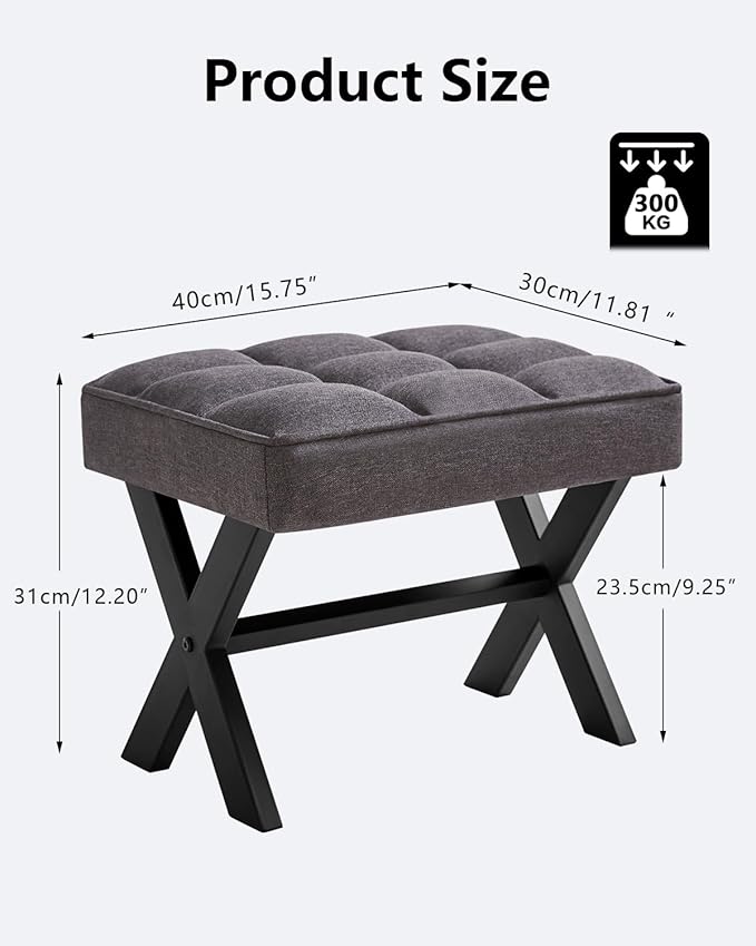 IBUYKE Small 12" H Footrest, Square Linen Foot Stool with Metal X-Leg, Multi-Use as Small Side Table, Step Stool for Living Room, Bedroom, Entryway, Office, Dark Gray WBD011G
