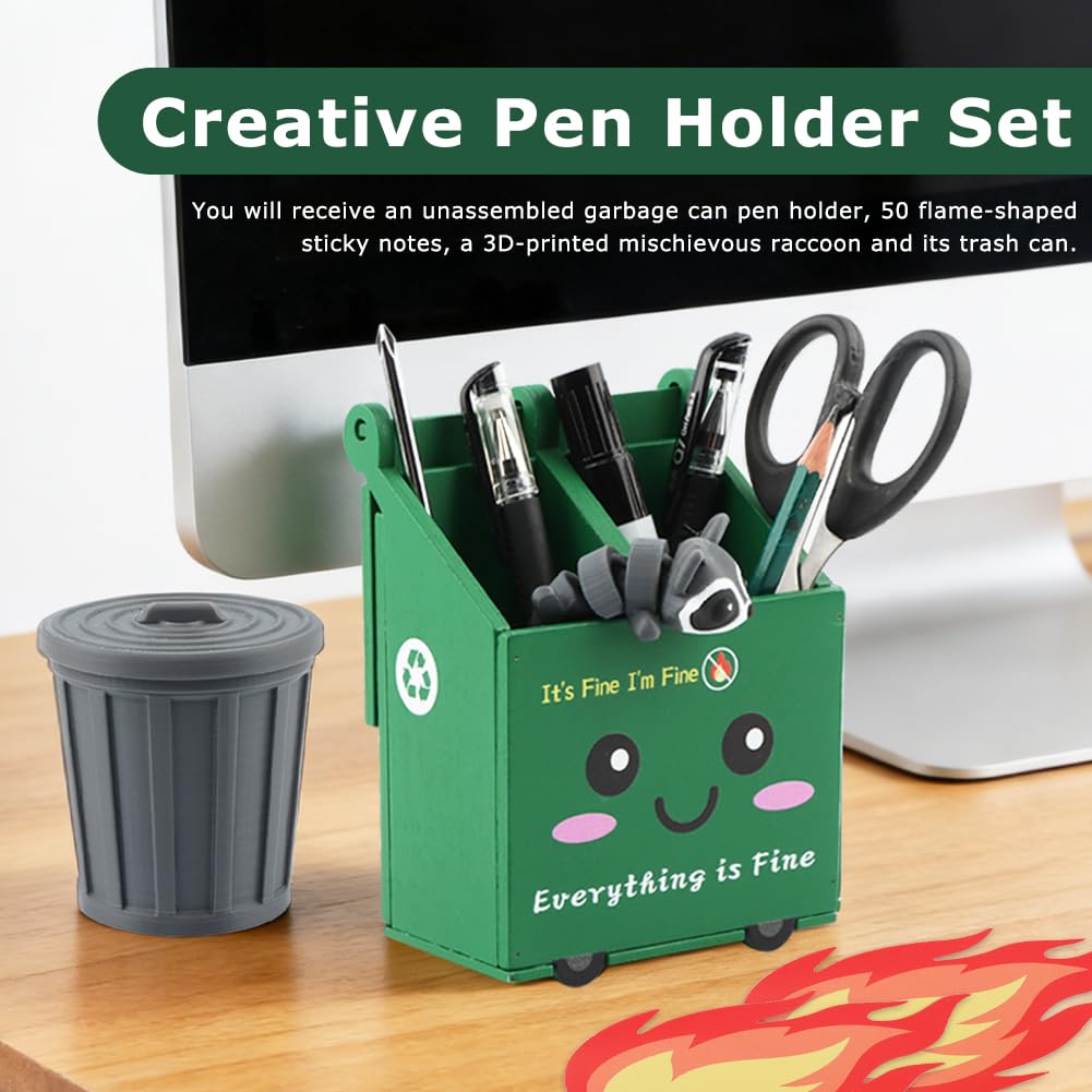 Trivolein Dumpster Fire Pencil Holder with 50 Pcs Flame Note Cards, Funny Dumpster Fire Desk Organizer, Cute Desk Organizer for Office, White Elephant Gag Gift for Coworkers, Men, Women