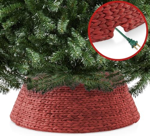 Casafield 32-Inch Christmas Tree Collar, Woven Water Hyacinth Tree Base Cover with Cord Cut Out, Red
