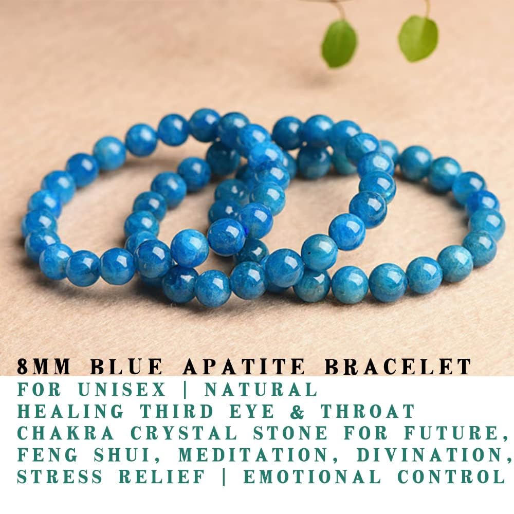 8MM Blue Apatite Bracelet for Unisex | Natural Third Eye & Throat Chakra Crystal Stone for Future, Feng Shui, Meditation, Divination, Amulets | Anxiety Stress Relief | Emotional Control