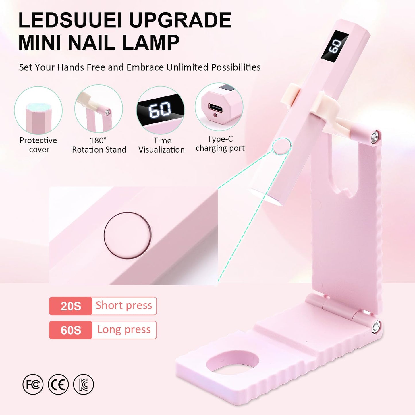 Cordless Mini Nail Lamp LEDSUUEI【Skin-Safe Curing】Portable Handheld UV Light for Gel Nails Rechargeable, Fast Flash Cure LED Nail Dryer for Polish, Nail Strips Salon Home Travel with Stand, Pink
