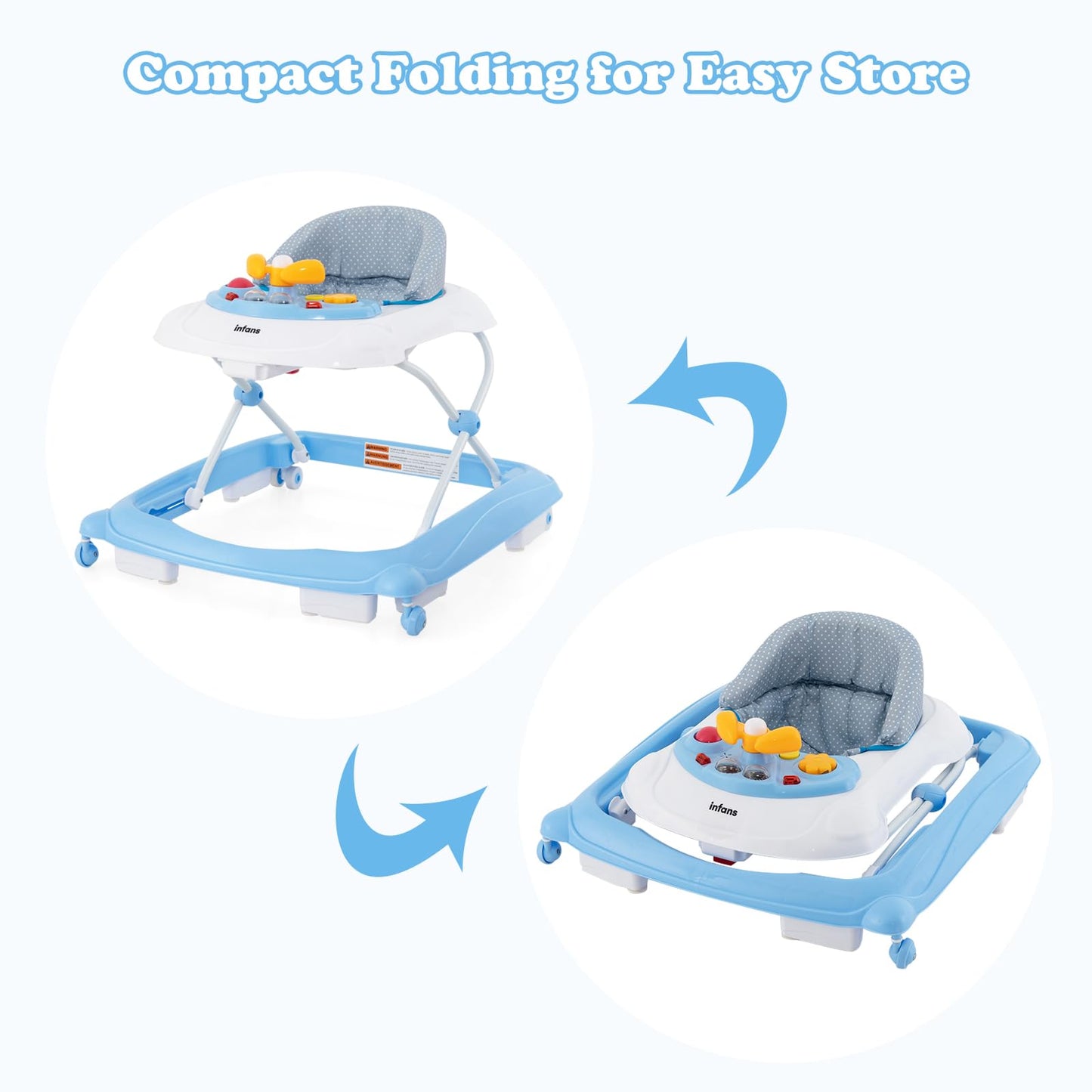 INFANS Foldable Baby Walker, 3 in 1 Toddler Walker Leaning-Seated Walk-Behind with Removable Music Tray, Adjustable Height, Washable Seat Cushion for Boys and Girls (Wave Point)