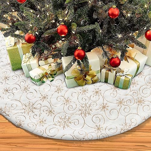 Dremisland Christmas Tree Skirt 36In White&Gold Tree Skirt with Snowflake