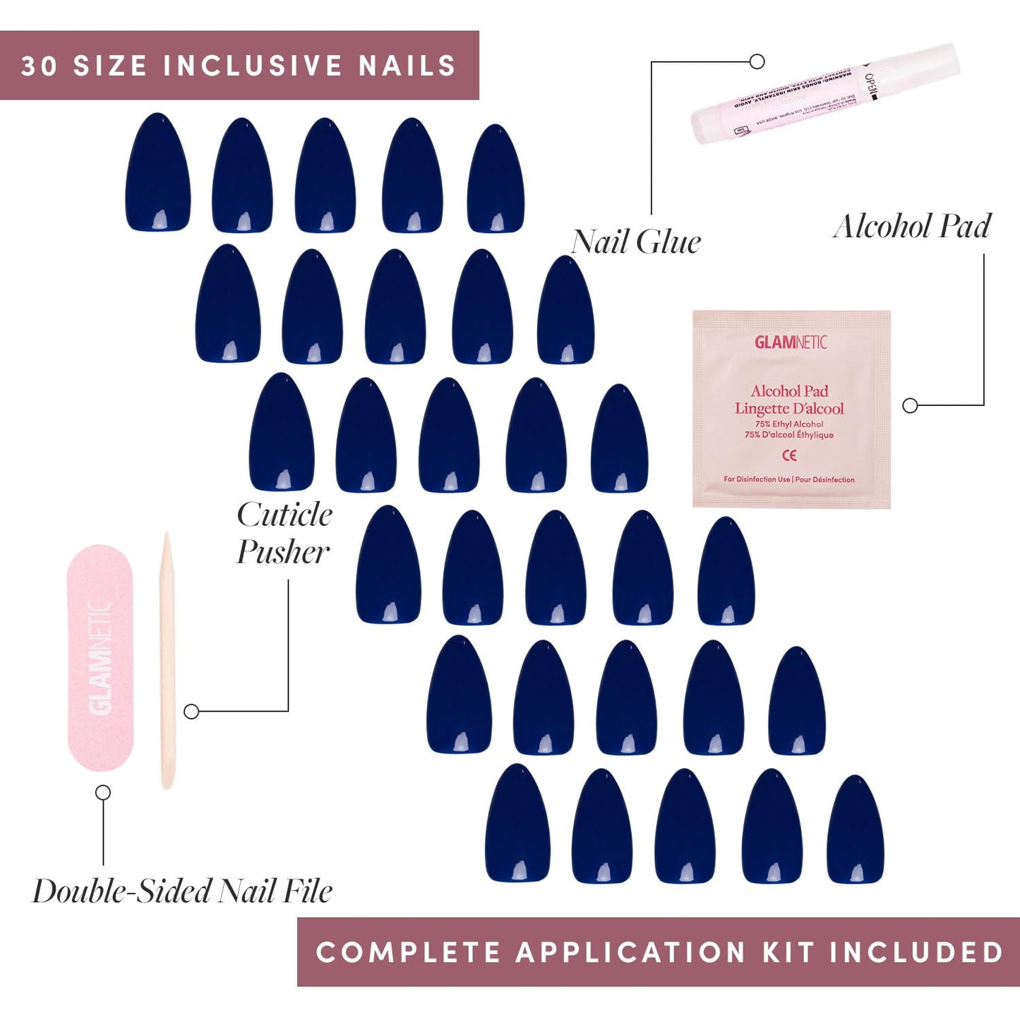 Glamnetic Press-On Nails Bundle - Fiery & Classic Red, Midnight Blue | Bright Fake Nails | Cool Toned Timeless Red False Nails | Dark Navy Blue Nails | Three sets of short almond opaque nails