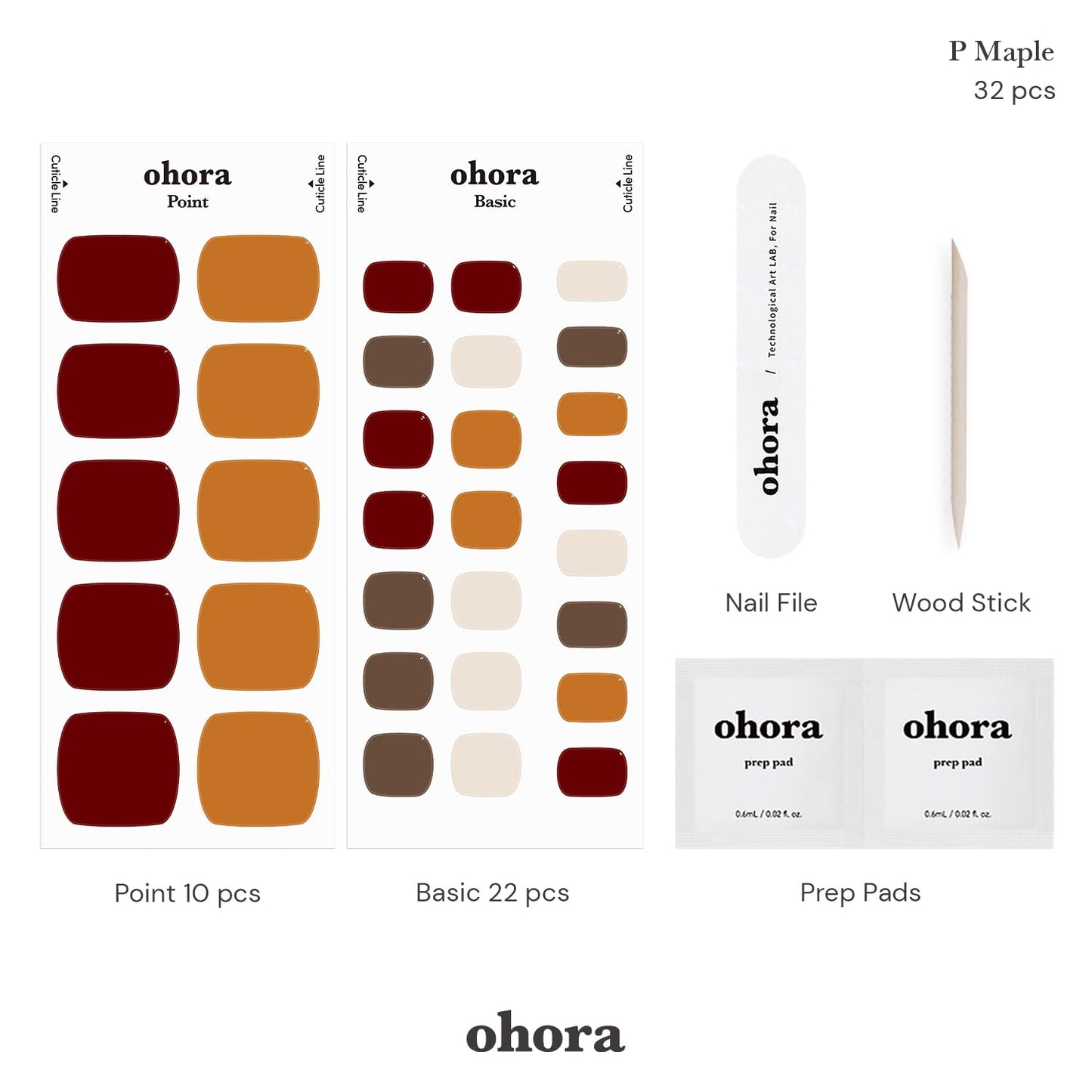 ohora Semi-Cured Gel Pedi Strips 34pcs(P Maple) - Includes 16 Solid Color, 14 Accent Wraps, 2 Prep Pads, Nail File & Wooden Stick