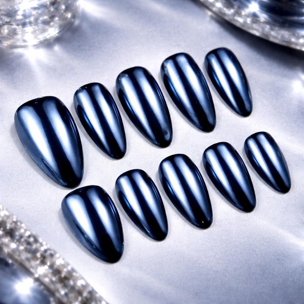 IntoVibes 10 Pieces Handmade Press On Nails Medium Almond, Metallic Blue Thickened False Nails, Reusable Fake Nails Almond, Reusable Acrylic Nails (M)
